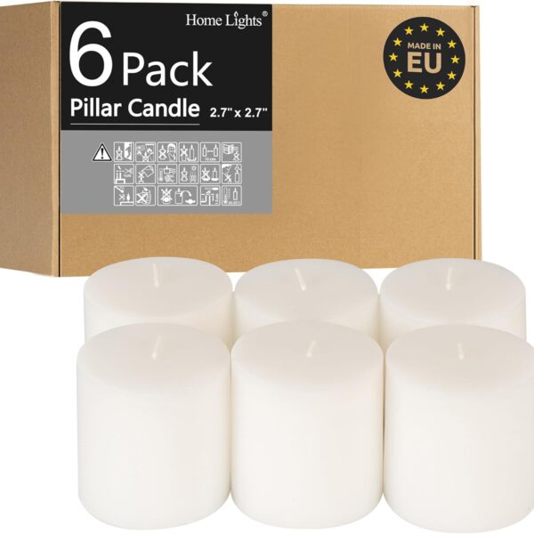 Pillar Candles - 2.7x3 inch | 30 Hours Burning, 6 Count - White Unscented Smokeless European Pillar Candles - Perfect for Wedding, Parties, Spas, Home Gatherings and Dinner