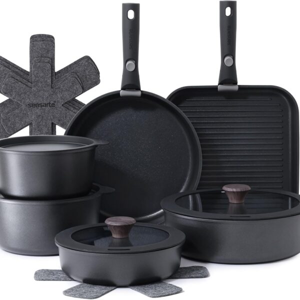 SENSARTE 17 Piece Pots and Pans Set, Nonstick Detachable Handle Cookware Set, Induction Kitchen Cookware Set with Removable Handle, Healthy Non Stick for RV, Dishwasher  Oven Safe, PFOA Free (Black)
