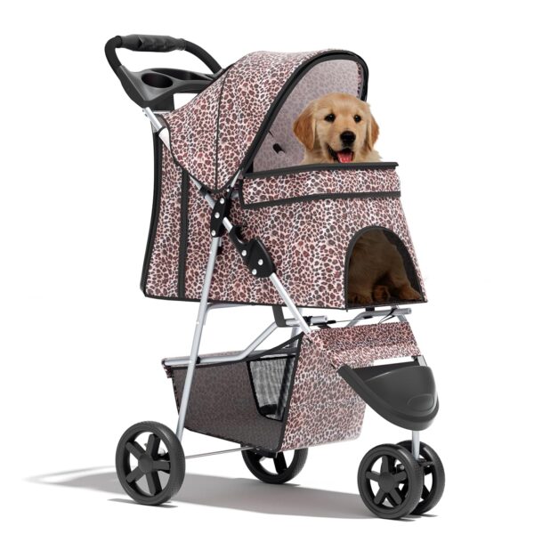 BRIGHTORIA Cat Dog Stroller,3-Wheels Pet Stroller for Medium/Puppy Dogs 30 Lbs, with Storage Basket and Cup Holder, Breathable Mesh Leopard Print