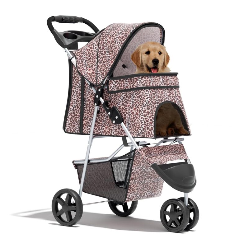 BRIGHTORIA Cat Dog Stroller,3-Wheels Pet Stroller for Medium/Puppy Dogs 30 Lbs, with Storage Basket and Cup Holder, Breathable Mesh Leopard Print