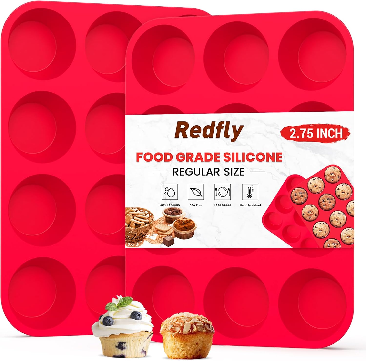 Redfly 2 Pack Silicone Muffin Pan & Cupcake Pans for Baking - 12 Cup Regular Size BPA Free Egg Bites Molds Redfly 2 Pack Silicone Muffin Pan & Cupcake Pans for Baking - 12 Cup Regular Size BPA Free Egg Bites Molds