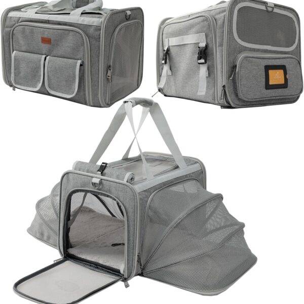 PATAZONE Dog Carrier Cat Carriers Grey Soft Pets Bag Airline Approved Dog Carrier for Small Dogs Carrier,2 Sides Expand,Stylish Rabbit Bunny Pets Carriers Travel Outdoor Carry Kennel