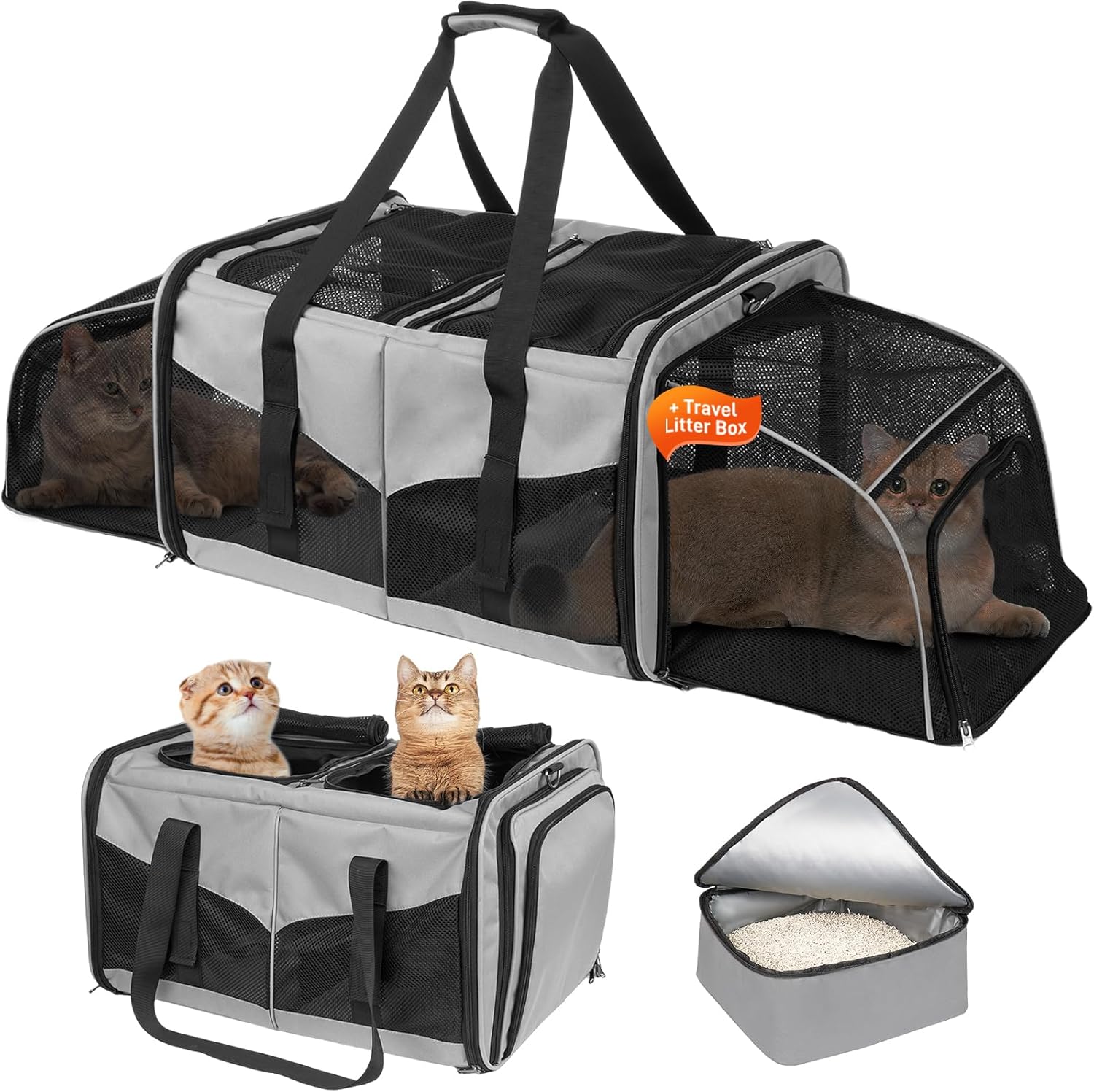 Portable Double Cat Carrier with Litter Box, Large Expandable Cat Carrier for 2 Cats, Soft Sided Pet Carriers for Car Travel, Pet Carrier Safety Locking Zippers for Cat/Puppy, Home & Outdoor Use, Grey Portable Double Cat Carrier with Litter Box, Large Expandable Cat Carrier for 2 Cats, Soft Sided Pet Carriers for Car Travel, Pet Carrier Safety Locking Zippers for Cat/Puppy, Home & Outdoor Use, Grey