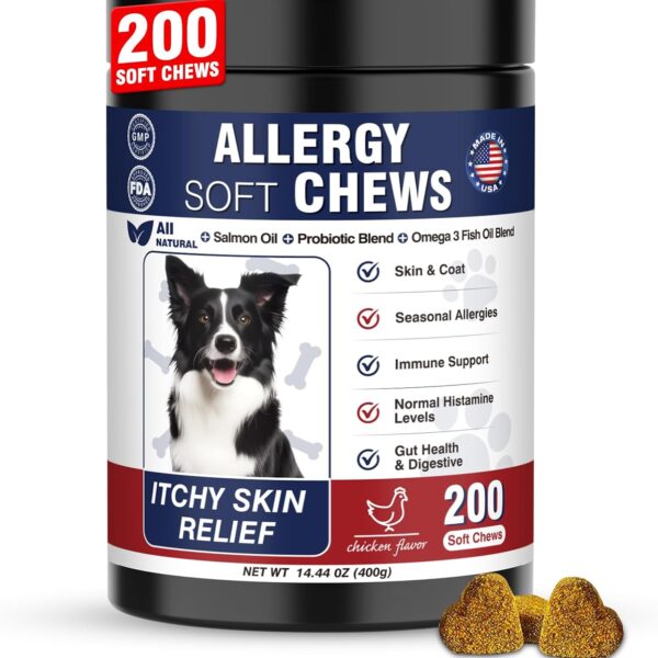 Dog Allergy Chews 200 Treats, Dog Allergy and Itching Skin Relief Bites Immune Support Dogs Probiotics for Yeast, Itchy Skin and Itchy Ears Anti Itch Licking Paws Treatment for Dogs Seasonal Allergies
