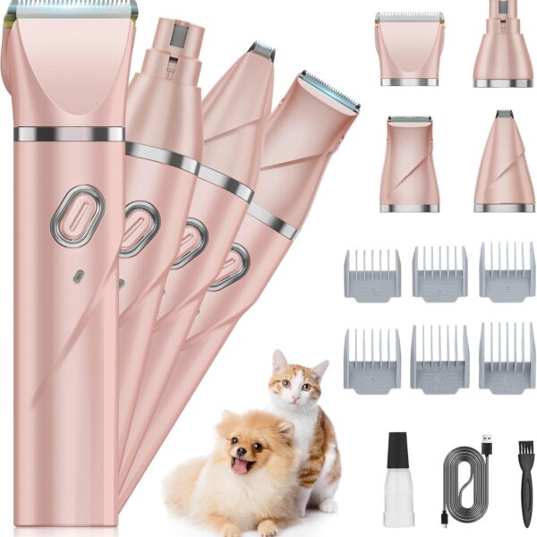 Upgrade Dog Grooming Kit, Cordless Dog Paw Trimmer, 4 in 1 Low Noise Pets Hair Clipper Grooming Kit, 2-Speed Nail Grinder with Stainless Steel Blade for Small Pet with Thick Coats (Pink)