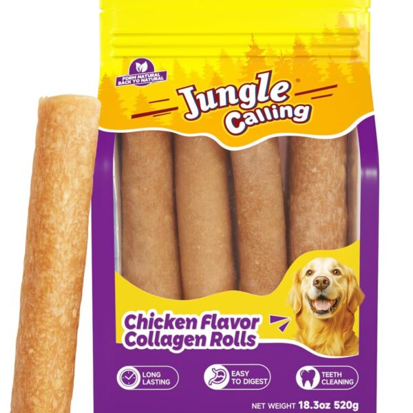 Jungle Calling Dog Treats, Collagen Rolls Dog Chew Treats, 7 Inch Long Lasting Rawhide Alternative Chicken Flavor Collagen Chews for Medium and Large Dogs, 18.3 oz (4 Counts)