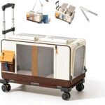 Large Cat Carrier with Wheels for 2 Cat, Double Rolling Pets Carrier on Wheel, Folding Soft-Sided Carriers with Telescopic Handle, Shoulder Strap Removable Soft-Sided Bag for Car, Vet, Outing