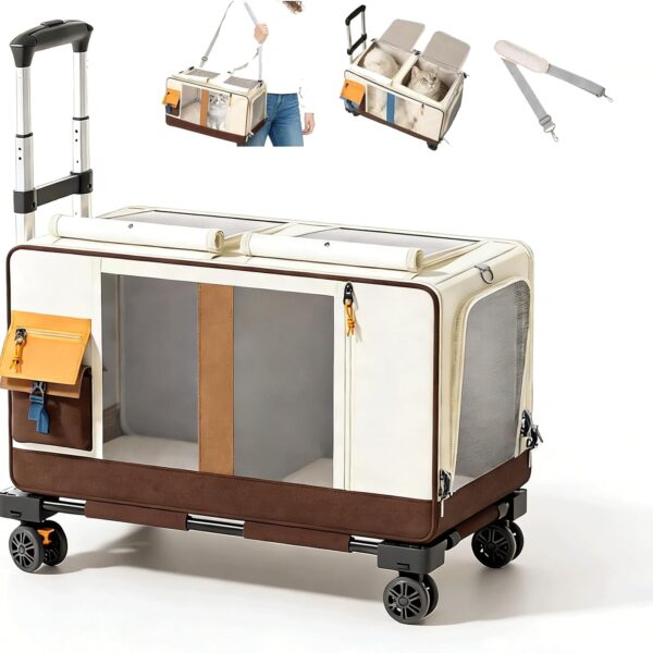 Large Cat Carrier with Wheels for 2 Cat, Double Rolling Pets Carrier on Wheel, Folding Soft-Sided Carriers with Telescopic Handle, Shoulder Strap Removable Soft-Sided Bag for Car, Vet, Outing