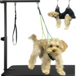 Adjustable Dog Grooming Arm with Pet Hammock & 2 Harnesses, 18-33 Inch Height, Loop Noose for Small Medium Pets Under 15 lbs, Quick Setup Grooming Table Stand