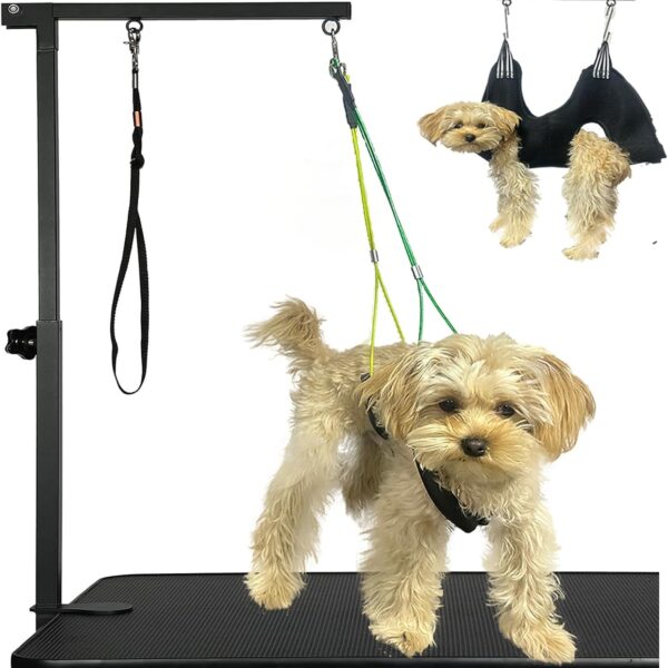 Adjustable Dog Grooming Arm with Pet Hammock & 2 Harnesses, 18-33 Inch Height, Loop Noose for Small Medium Pets Under 15 lbs, Quick Setup Grooming Table Stand