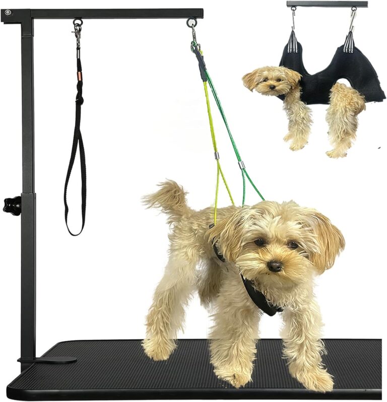 Adjustable Dog Grooming Arm with Pet Hammock & 2 Harnesses, 18-33 Inch Height, Loop Noose for Small Medium Pets Under 15 lbs, Quick Setup Grooming Table Stand
