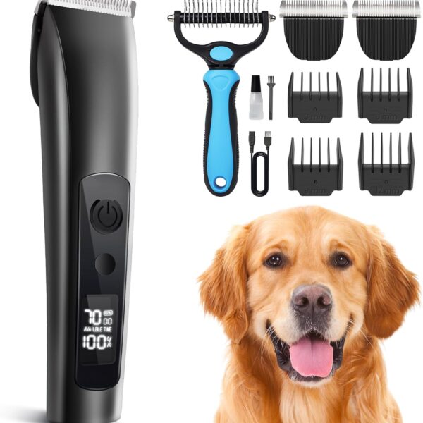 PAPMINI Dog Clippers for Grooming Thick Hair with Undercoat Rake, Low Noise Cordless Dog Grooming Kit with 2 Replacement Blade, Rechargeable Cat Shaver Timmer for Pets