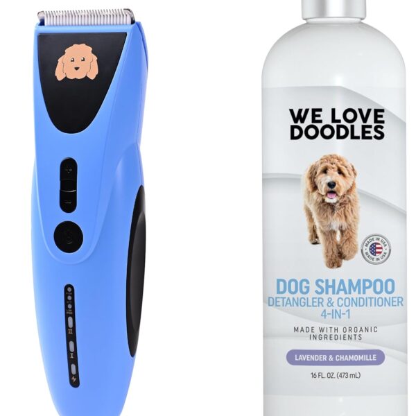 We Love Doodles Dog Grooming Bundle: Powerful Cordless Clippers with 8 Detachable Blades and USDA Organic Lavender Shampoo, Conditioner & Detangler for Thick Coats (16 fl oz)