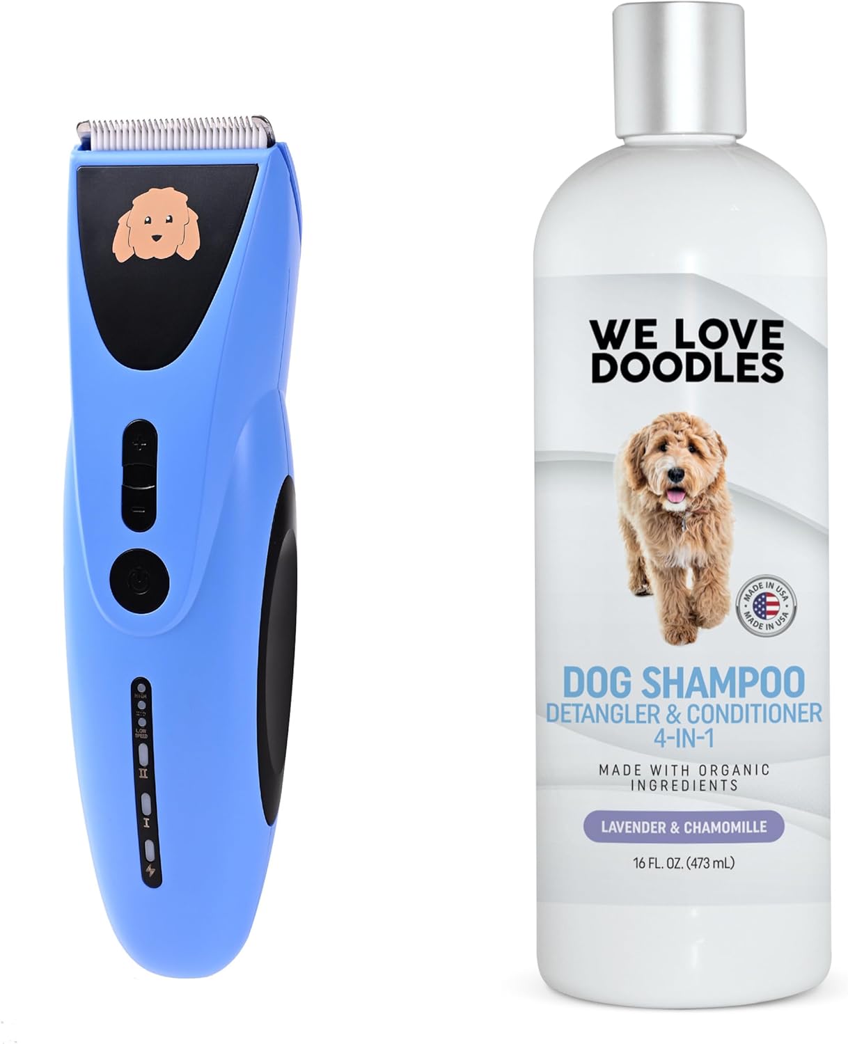 We Love Doodles Dog Grooming Bundle: Powerful Cordless Clippers with 8 Detachable Blades and USDA Organic Lavender Shampoo, Conditioner & Detangler for Thick Coats (16 fl oz) We Love Doodles Dog Grooming Bundle: Powerful Cordless Clippers with 8 Detachable Blades and USDA Organic Lavender Shampoo, Conditioner & Detangler for Thick Coats (16 fl oz)