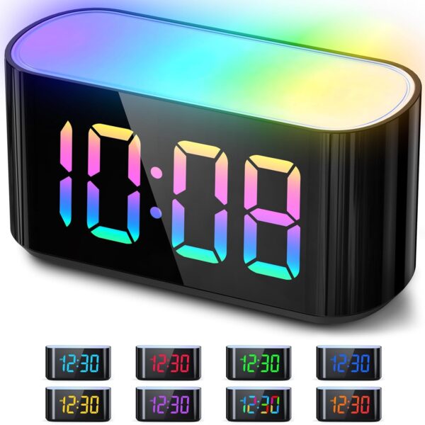 HOUSBAY Digital Alarm Clock for Bedroom, 9 Colors Dynamic Night Light, Large LED Display Number with 10 Colors Changing, Dimmer