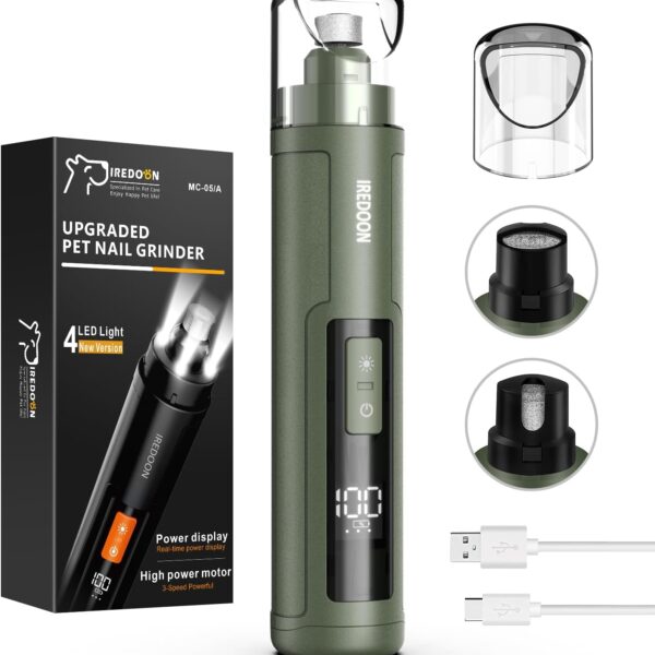 Dog Nail Grinder Upgraded - Professional 3-Speed Super Quiet and Low Vibration Electric Pet Nail Grinder with 4 LED Lights - Painless Paws Grooming & Smoothing for Small to Large Dogs (Green)