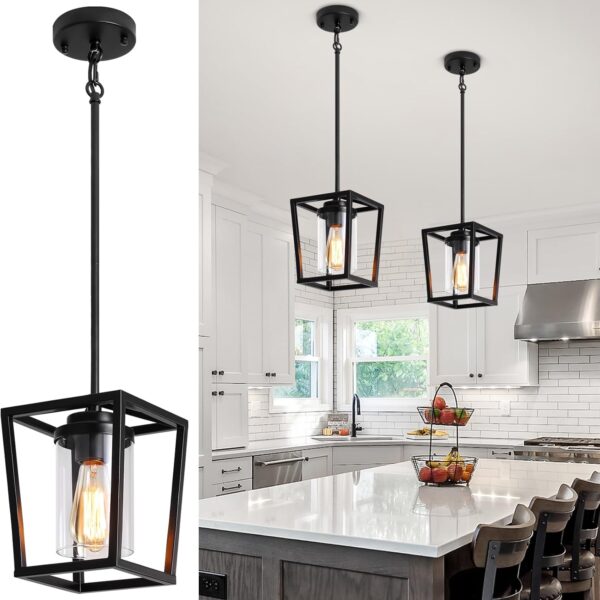 TOULMJ 2 Pack Black Pendant Lights Kitchen Island, Modern Lantern Pendant Light Fixtures, Farmhouse Kitchen Island Lighting Hanging Ceiling Light Fixture for Hallway Dining Room