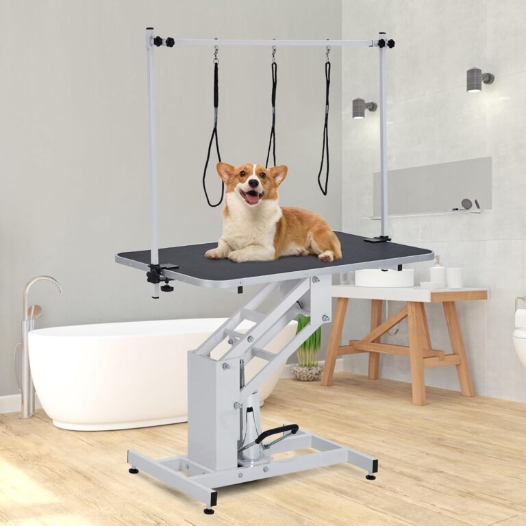 Hydraulic Dog Grooming Table, 43.3" Large Heavy Duty Pet Grooming Table w/Adjustable Arm & Noose, 350 Lbs Capacity, Non-Slip Top, 22"-39" Height Range for Grooming Salons