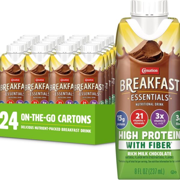 Carnation Breakfast Essentials High Protein with Fiber Ready-to-Drink, 8 FL OZ Carton, Rich Milk Chocolate (Pack of 24)
