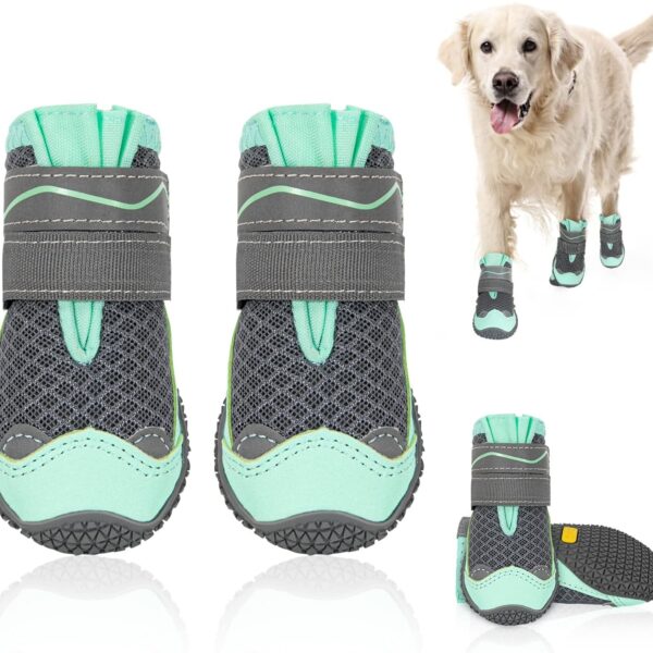 SlowTon Dog Shoes for Large Small Medium Dogs - Breathable Dog Boots for Summer Hot Pavement, Paw Protector for Outdoor Walking Winter Snow, Anti-Slip Rubber Dog Booties for Hardwood Floor (Green, 6)