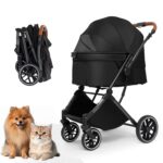 Pet Stroller for Small/Medium Dogs & Cats Up to 50 lbs,4 Wheels Foldable Pet Stroller with Reversible Handle, Removable Pad, Cup Holder,Storage Basket (Black)
