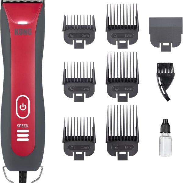 Kong 3-Speed Dog Clipper Grooming Kit  Stainless Steel Blade, Waterproof, LED Spotlight, 6 Guide Combs, 10-Foot Cord, Ergonomic Handle  Red/Gray, All Coat Types