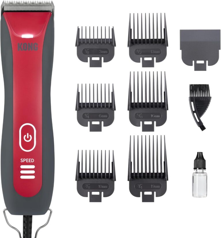 Kong 3-Speed Dog Clipper Grooming Kit  Stainless Steel Blade, Waterproof, LED Spotlight, 6 Guide Combs, 10-Foot Cord, Ergonomic Handle  Red/Gray, All Coat Types
