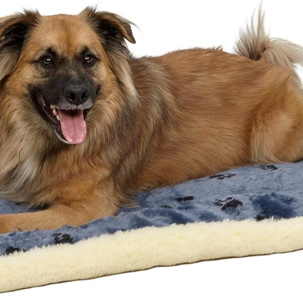 MidWest Homes for Pets QuietTime Reversible Paw Print Pet Bed, Soft Faux Fur & Fleece 36-Inch Crate Mat for Medium to Large Dogs, Machine Washable, Blue and Cream