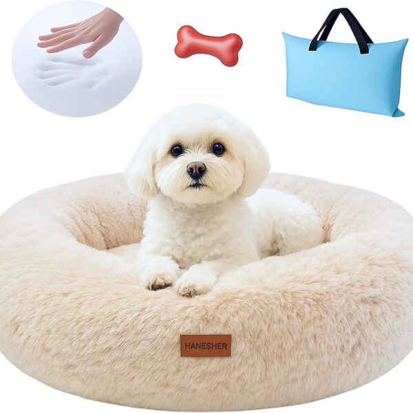 Pet Bed, Memory Foam Donut Dog Bed, Calming Round Dog Bed for Small Pets, Comfortable and Supportive Design, Orthopedic Ultra-Soft Plush, Anti-Stress Bed for Dogs and Cats (Beige)