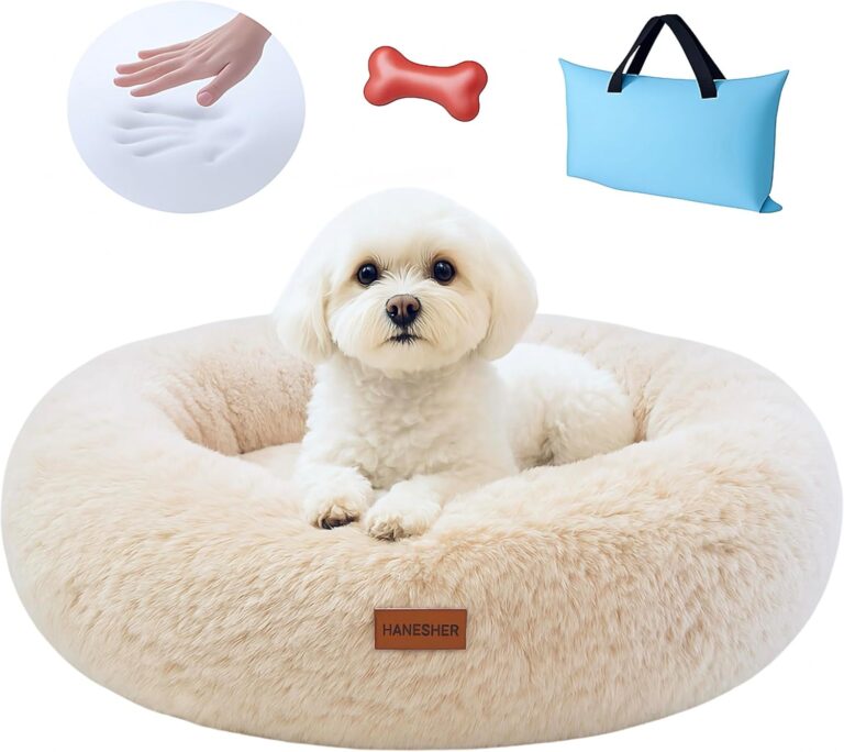 Pet Bed, Memory Foam Donut Dog Bed, Calming Round Dog Bed for Small Pets, Comfortable and Supportive Design, Orthopedic Ultra-Soft Plush, Anti-Stress Bed for Dogs and Cats (Beige)