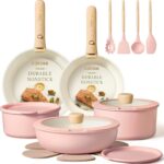 CAROTE Pots and Pans Set, Nonstick Cookware Set Detachable Handle, 19pcs Induction Kitchen Cookware Sets Non Stick with Removable Handle, RV Cookware Set, Oven Safe, Pink
