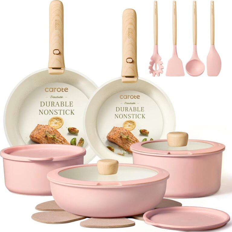 CAROTE Pots and Pans Set, Nonstick Cookware Set Detachable Handle, 19pcs Induction Kitchen Cookware Sets Non Stick with Removable Handle, RV Cookware Set, Oven Safe, Pink