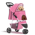 Pink Dog Stroller for Medium Dogs 30 lbs Pet Stroller for Small Dogs Cat Strollers for 2 Cats, 3 Wheels Foldable Jogger Puppy Stroller with Storage Basket and Cup Holder, Pink Polka Dots