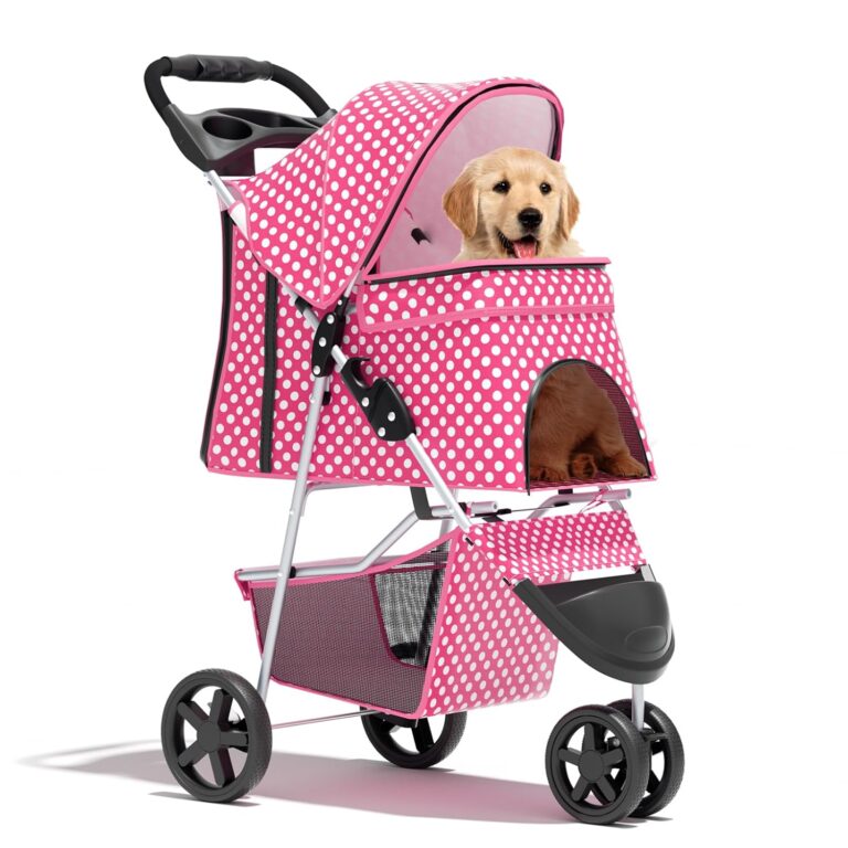 Pink Dog Stroller for Medium Dogs 30 lbs Pet Stroller for Small Dogs Cat Strollers for 2 Cats, 3 Wheels Foldable Jogger Puppy Stroller with Storage Basket and Cup Holder, Pink Polka Dots