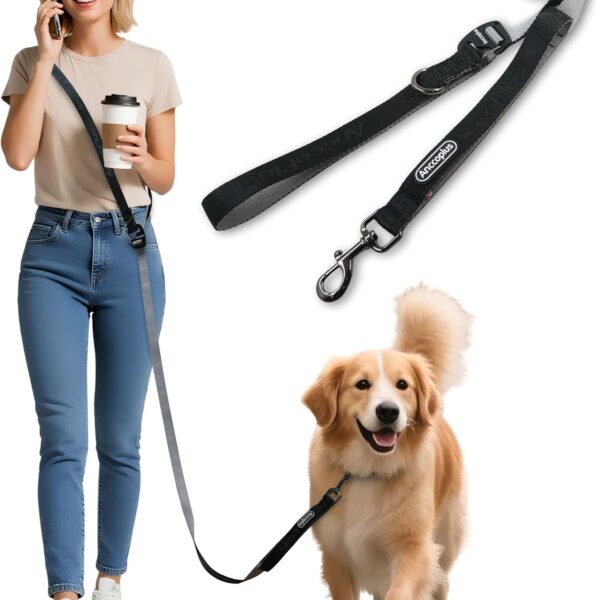 Anccoplus Hands Free Dog Leash, Multifunctional Crossbody Running for Dogs, Ultra-Light Dog Training Leash with Secure Clip, Short & Long Leashes, Adjustable Service Dog Leashes (Black Gray)