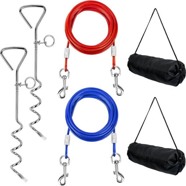 2 Sets Dog Tie Out Cable and Stake 16 ft Outside Heavy Duty Dog Leads Long Leash Chains for Outdoor, Yard, Camping and Beach,16 in Anti Rust Spiral Stake for Small Medium Dogs Up to 50 lbs