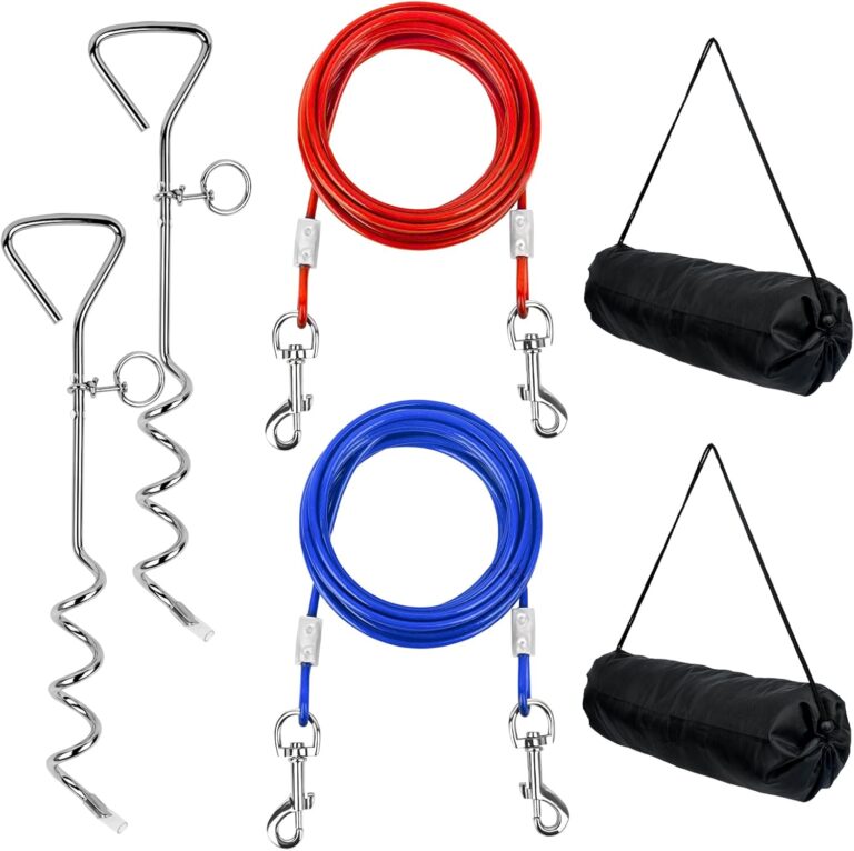 2 Sets Dog Tie Out Cable and Stake 16 ft Outside Heavy Duty Dog Leads Long Leash Chains for Outdoor, Yard, Camping and Beach,16 in Anti Rust Spiral Stake for Small Medium Dogs Up to 50 lbs