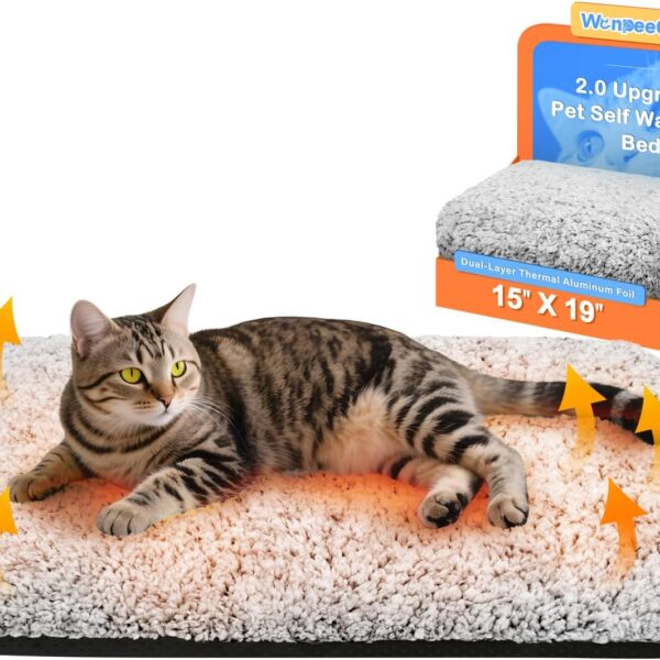 Self Warming Cat Bed, Heated Cat Bed, 2.0 Upgraded Dual-Layer Thermal Foil Heating Pad, Plush Self-Heating Pet Mat for Crate, Floor, with Removable Washable Cover, Non-Slip, 15"x19"