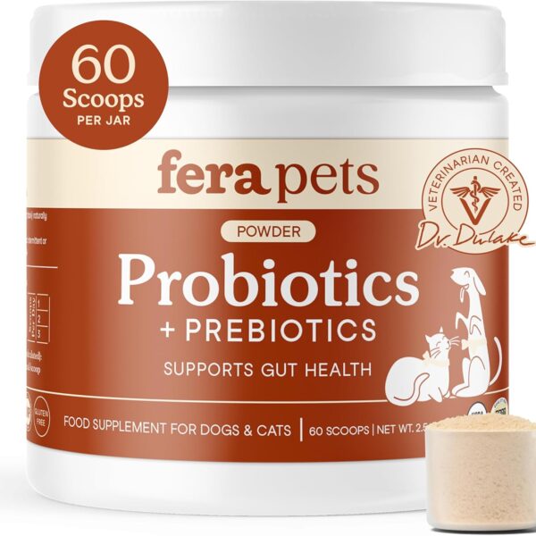 Fera Pets Probiotics for Dogs & Cats with Prebiotics - USDA Organic - Gut Health Powder Supplement with 12 Strains and 5 Billion CFUs - Supports Immunity, Energy and Skin & Coat - 60 Scoops