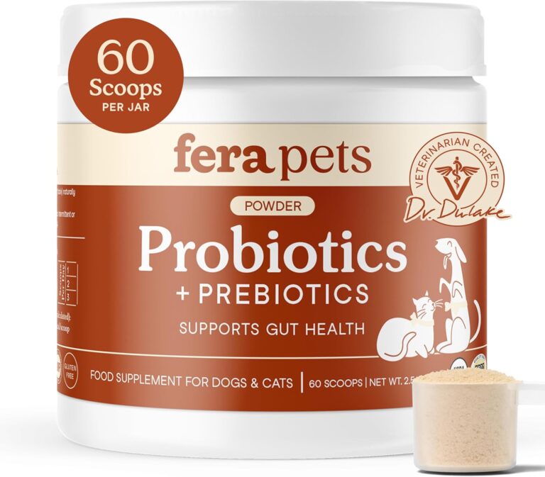 Fera Pets Probiotics for Dogs & Cats with Prebiotics - USDA Organic - Gut Health Powder Supplement with 12 Strains and 5 Billion CFUs - Supports Immunity, Energy and Skin & Coat - 60 Scoops
