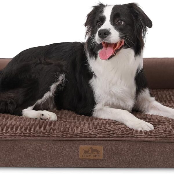 Orthopedic Dog Bed for Large Size Dog, XL Dogs Crate Bed, L Shaped Foam Anti-Slip Bottom Pet Cat Sofa with Washable Removable Cover, Suitable for Pet Up to 100 lbs, 42x30x7.5 inch, Brown