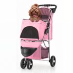 Dog Stroller, 3 Wheels Pet Stroller for Cats and Dogs with Storage Basket & Cup Holder, Cat Stroller and Pet Stroller for Medium Dogs & Small Dogs, Pink