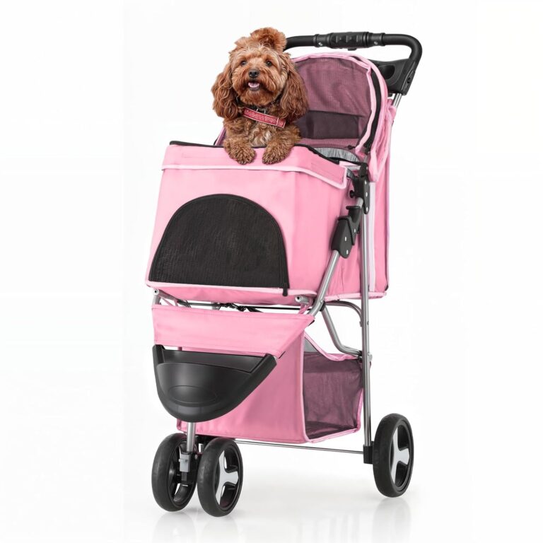 Dog Stroller, 3 Wheels Pet Stroller for Cats and Dogs with Storage Basket & Cup Holder, Cat Stroller and Pet Stroller for Medium Dogs & Small Dogs, Pink