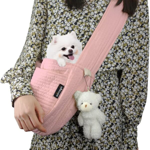 NATUYA Small Dog Carrier Sling, Adjustable Strap Lightweight Comfy Puppy Pouch, Hand Free Pet Dog Sling Walking Subway Travel Toy Dog Carrying Bag (Pink,Adjust Strap-Canvas)