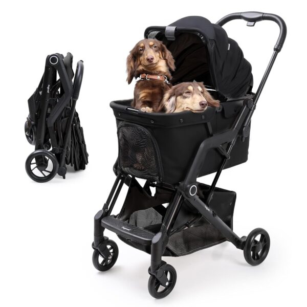 Upgraded Small/Medium Pet Stroller - Dogs & Cats up to 66 lbs, Folds for Storage and Features a Safety Foot Brake, 3-in-1 Foldable Portable Travel Carrier for 2 Cats with Storage Basket (Black)