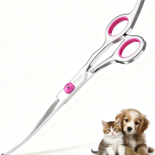 Curved Scissors for Dog Grooming, Fcysy Stainless Steel Pet Grooming Shears with Safety Round Tip, Curved Dog Grooming Scissors for Dogs & Cats Face, Legs, Ears  Pink
