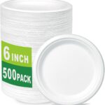 500 Count 6 Inch Small Heavy Duty Compostable Dessert Plates, Biodegradable Bagasse and Bamboo Fiber Paper Plates