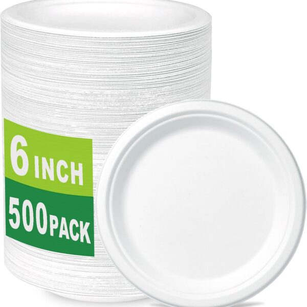 500 Count 6 Inch Small Heavy Duty Compostable Dessert Plates, Biodegradable Bagasse and Bamboo Fiber Paper Plates