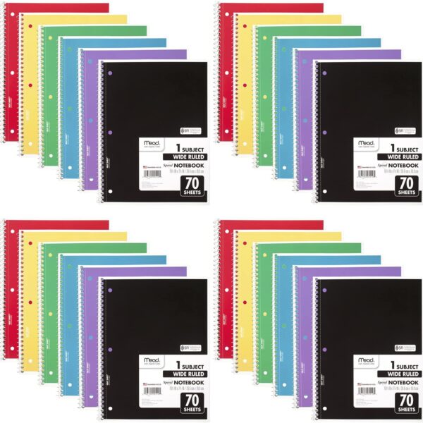 Mead Spiral Notebook, 24 Pack, 1 Subject, Wide Ruled Paper, 7-1/2" x 10-1/2", 70 Sheets per Notebook, Colors Will Vary (930203-ECM25)