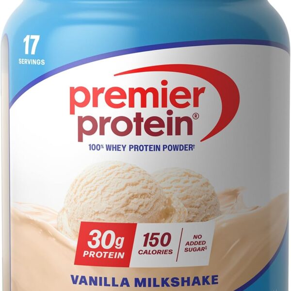 Premier Protein Powder, Vanilla Milkshake, 30g Protein, 1g Sugar, 100% Whey Protein, Keto Friendly, No Soy, Gluten Free, 23.3 oz, 17 Servings (Packaging May Vary)